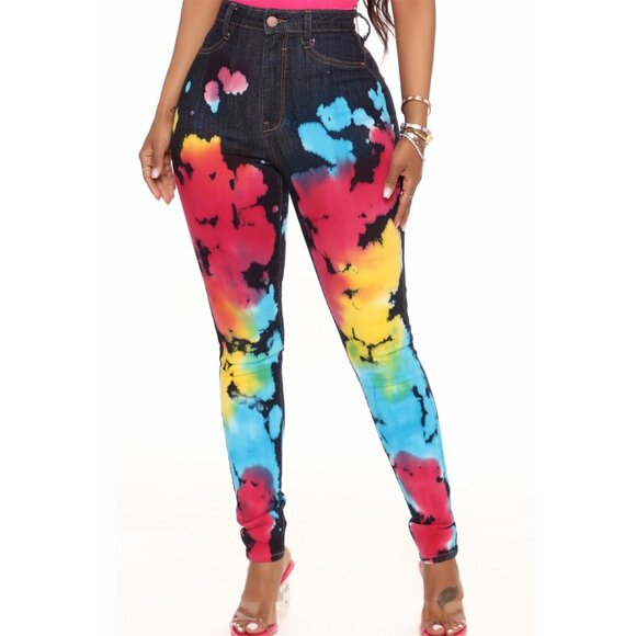 Fashion Nova Pride Tie‑Dye Skinny Jeans – Dark Wash High Stretch Sz 7 - Picture 1 of 4